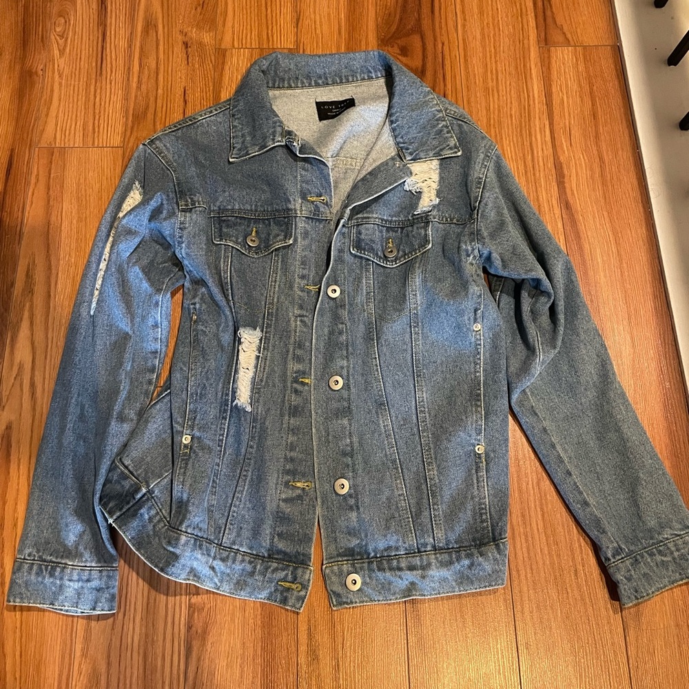 NWOT Love Tree Distressed Denim Jacket
